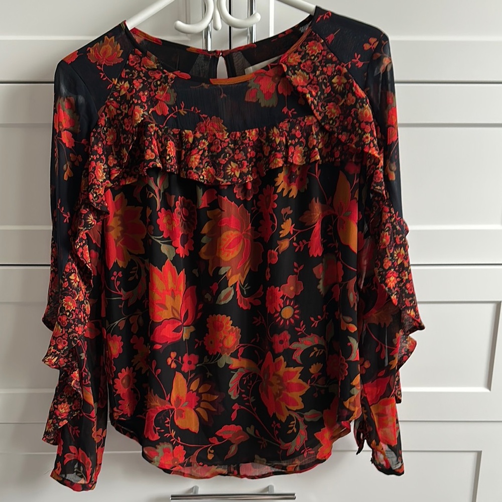 LOFT Red and Pink Flutter Sleeve Ruffled Blouse
